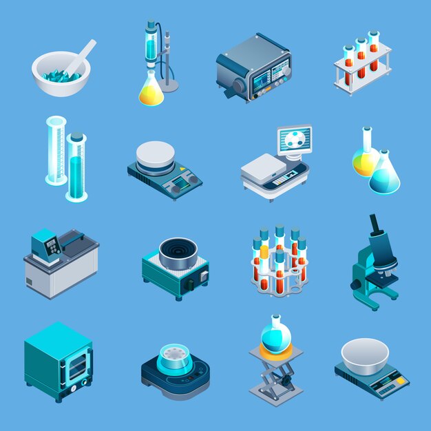Iconos isométricos de equipos de laboratorio