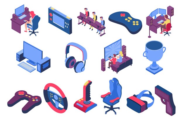 Iconos isométricos de Esport establecidos con jugadores y equipos para jugar juegos de computadora 3d aislados en la ilustración de vector de fondo blanco