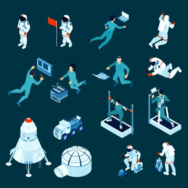 Iconos isométricos establecidos con astronautas en la estación cósmica y en el espacio ultraterrestre aislados en la ilustración de vector 3d de fondo oscuro