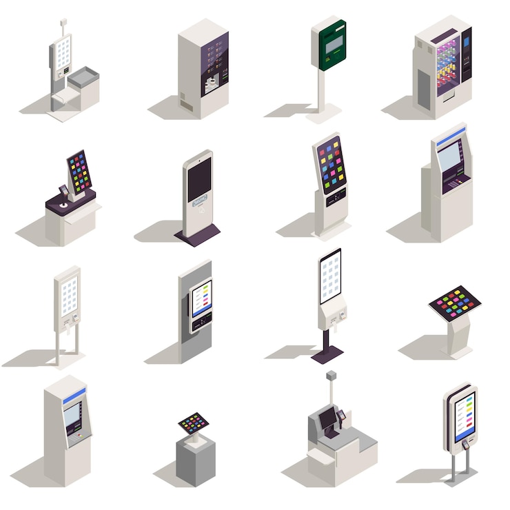 Vector gratuito iconos isométricos establecidos con interfaces de tablero de información autopago quiosco de alimentos atm aislado sobre fondo blanco 3d ilustración vectorial