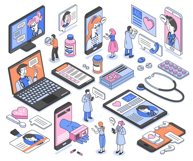 Iconos isométricos establecidos con médicos que consultan a pacientes y recetan medicamentos en línea 3d ilustración vectorial aislada