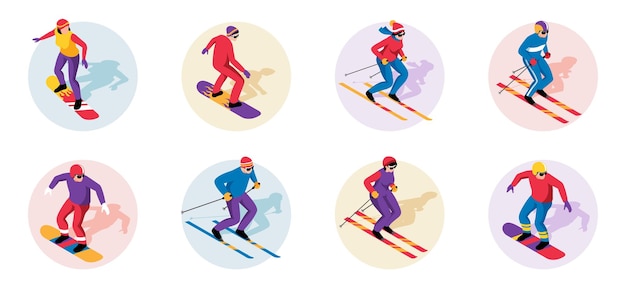 Iconos isométricos de la estación de esquí con deportistas que practican deportes extremos ilustraciones vectoriales aisladas