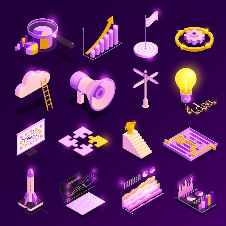 Vector gratuito iconos isométricos de estrategia empresarial con ilustración aislada de símbolos de éxito