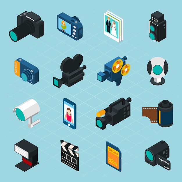 Vector gratuito iconos isométricos de foto y video