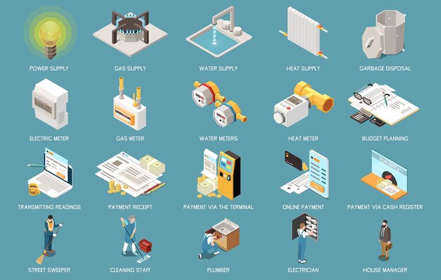 Iconos isométricos de gastos de servicios públicos establecidos con facturas y pagos ilustración vectorial aislada