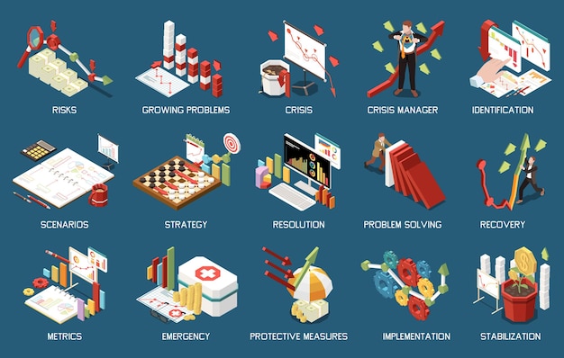 Iconos isométricos de gestión de crisis establecidos con símbolos de resolución de problemas ilustración vectorial aislada