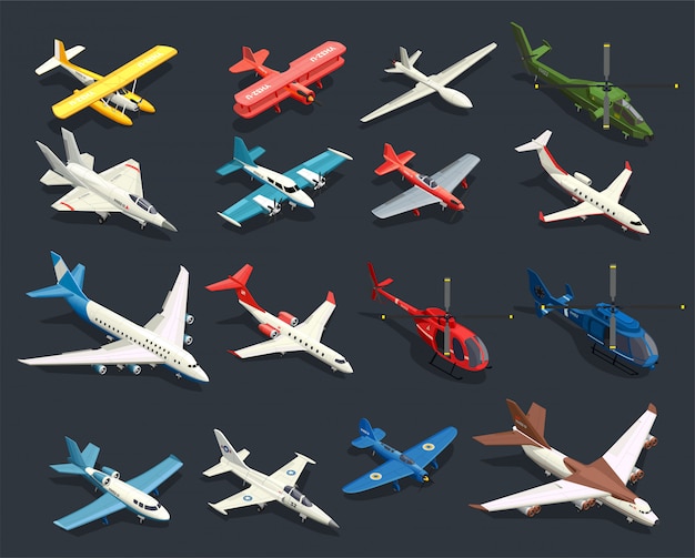 Iconos isométricos de helicópteros de aviones
