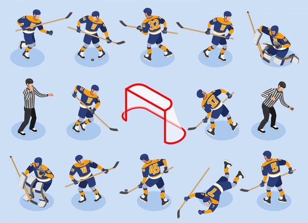 Iconos isométricos de hockey sobre hielo con defensores de los jugadores delanteros portero portero disco duende en pista