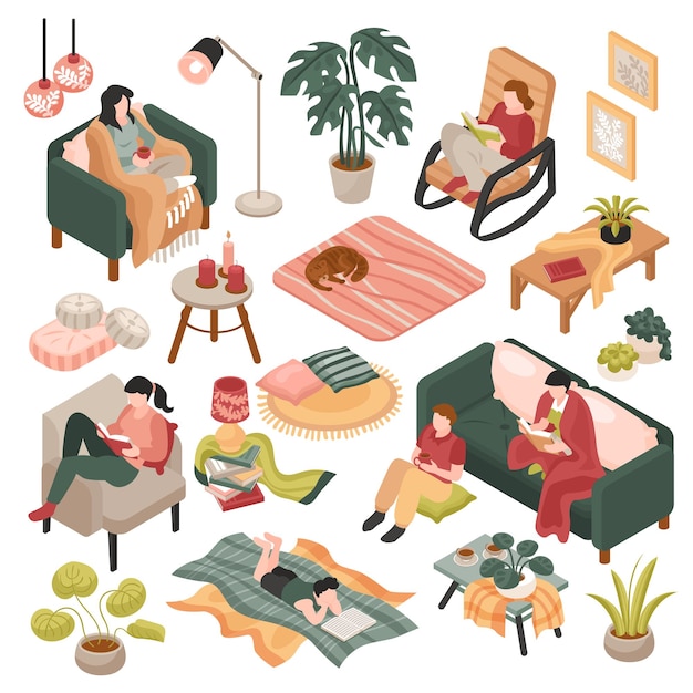 Iconos isométricos hogareños acogedores con decoración de muebles y personajes humanos aislados en la ilustración vectorial de fondo blanco