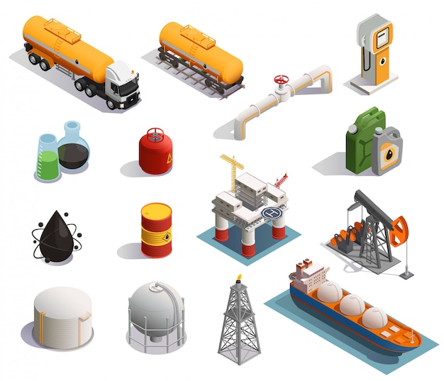 Iconos isométricos de la industria petrolera petrolera con tubería de transporte de productos de plantas de refinería de extracción