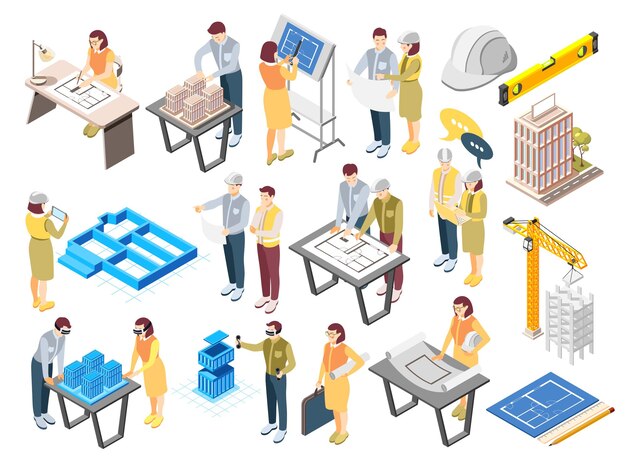 Los iconos isométricos de los ingenieros arquitectos se establecen con la planificación de la oficina, el dibujo, el trabajo de construcción, la supervisión del sitio, la ilustración vectorial de color