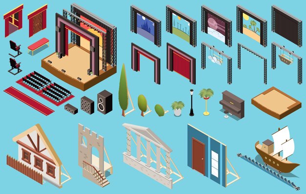 Iconos isométricos interiores de teatro con elementos de decoración de escenario y paisaje ilustración vectorial aislada