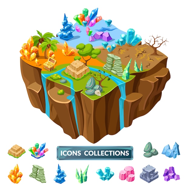 Iconos isométricos de isla y piedras de juego