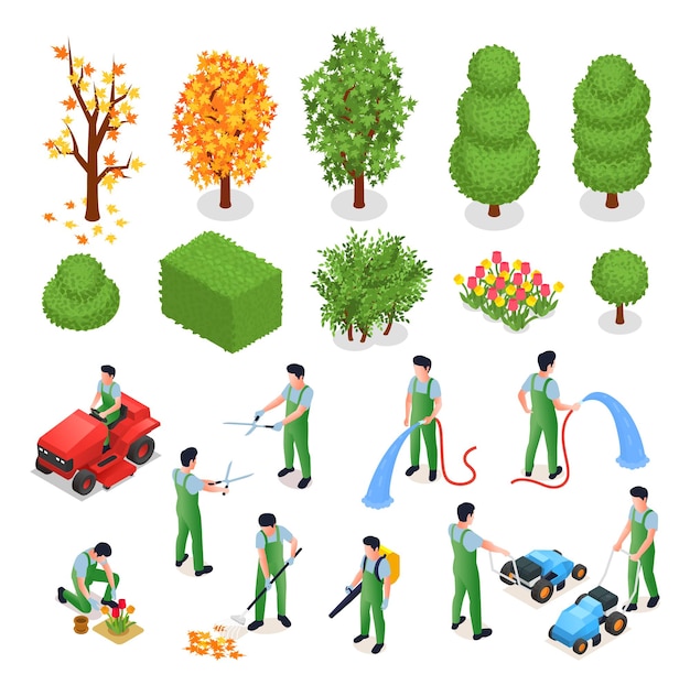 Vector gratuito iconos isométricos de jardinería profesional con elementos de diseño de paisajes y personas que trabajan al aire libre ilustración vectorial aislada