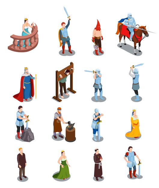 Iconos isométricos medievales con personas reales, caballeros, escena de tortura, sacerdote