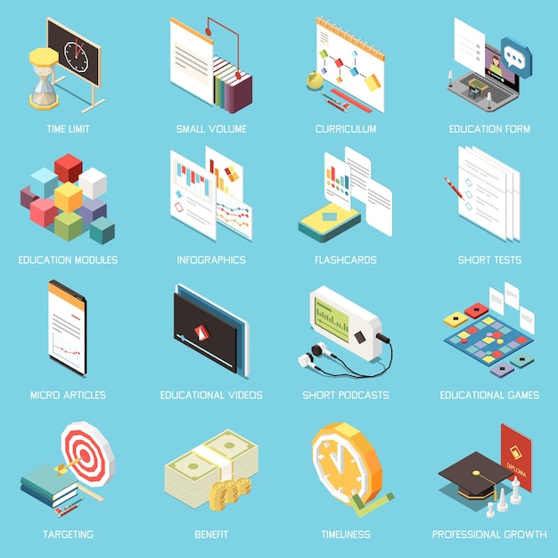 Iconos isométricos de microaprendizaje establecidos con tendencias de educación moderna ilustración vectorial aislada