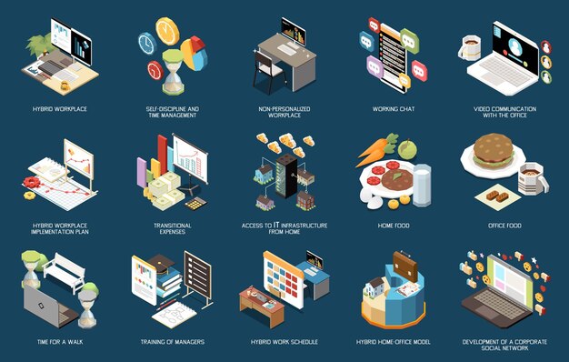 Iconos isométricos del modelo de oficina en el lugar de trabajo de trabajo híbrido establecidos aislados en la ilustración de vector 3d de fondo de color