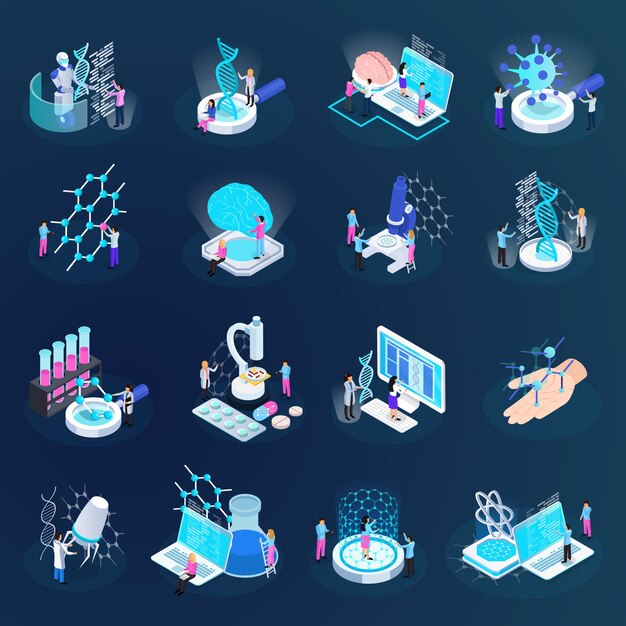 Iconos isométricos de nano tecnología