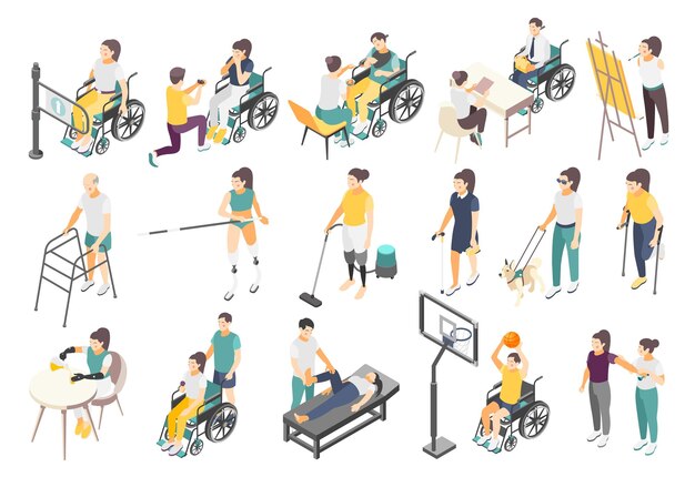Iconos isométricos de personas discapacitadas con inválidos activos que superan las dificultades en la vida cotidiana voluntarios y ayudantes ilustración vectorial