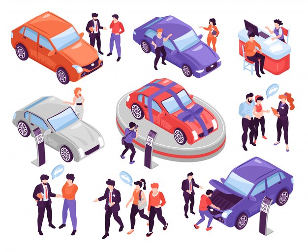 Iconos isométricos con personas discutiendo y eligiendo coches en la sala de exposición aislada sobre fondo blanco ilustración 3d