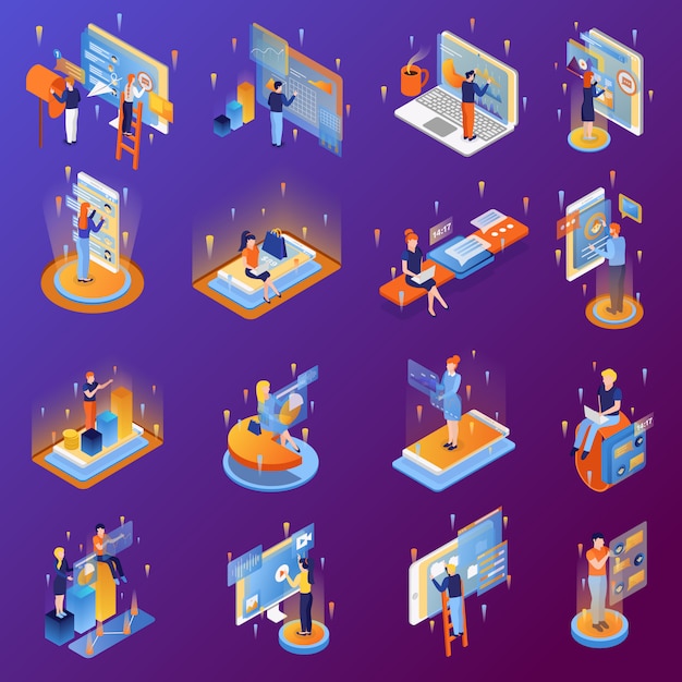 Iconos isométricos de personas e interfaz con pantalla táctil de teléfono inteligente comunicación de transferencia de análisis de datos 3D aislada