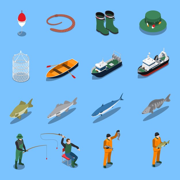 Iconos isométricos de pesca con ilustración aislada de símbolos de barcos y equipos