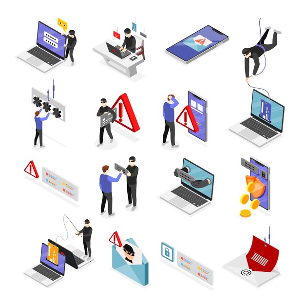 Iconos isométricos de phishing establecidos con símbolos de delitos cibernéticos ilustraciones vectoriales aisladas