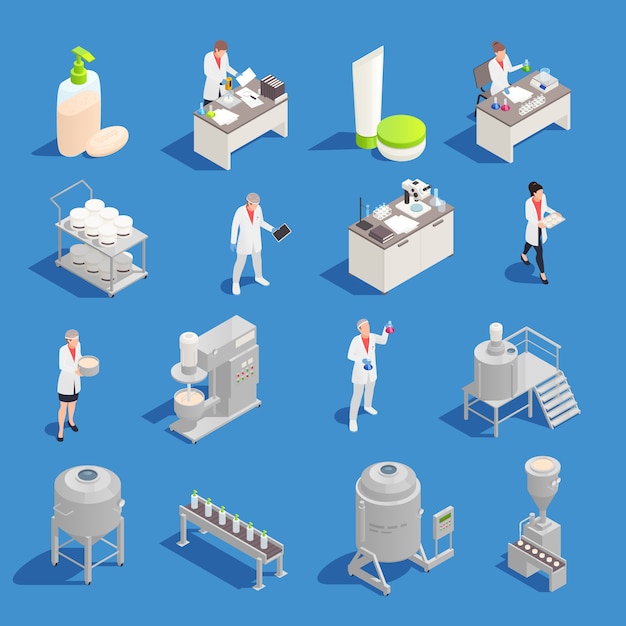 Iconos isométricos de producción de cosméticos y detergentes con equipo de fábrica y laboratorio aislado