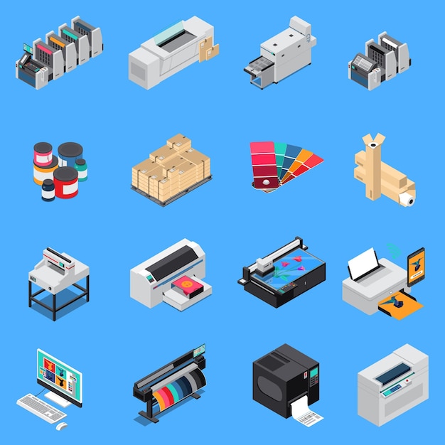 Iconos isométricos de producción de equipos de imprenta con tecnología digital y dispositivos de prensa offset aislados
