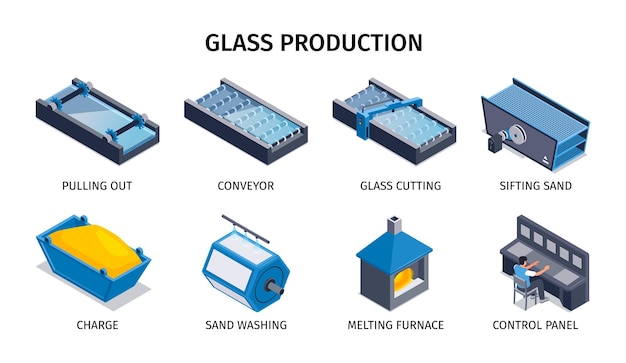 Iconos isométricos de producción de vidrio que representan el transportador del horno de fusión de arena de lavado y tamizado que extrae la ilustración vectorial aislada