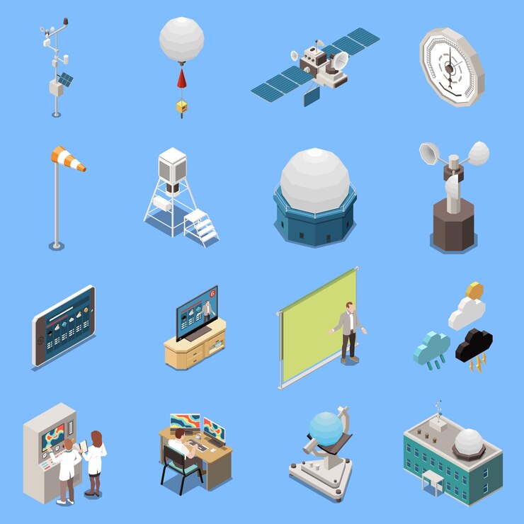 Vector gratuito iconos isométricos de pronóstico del tiempo establecidos con símbolos de meteorología ilustración vectorial aislada