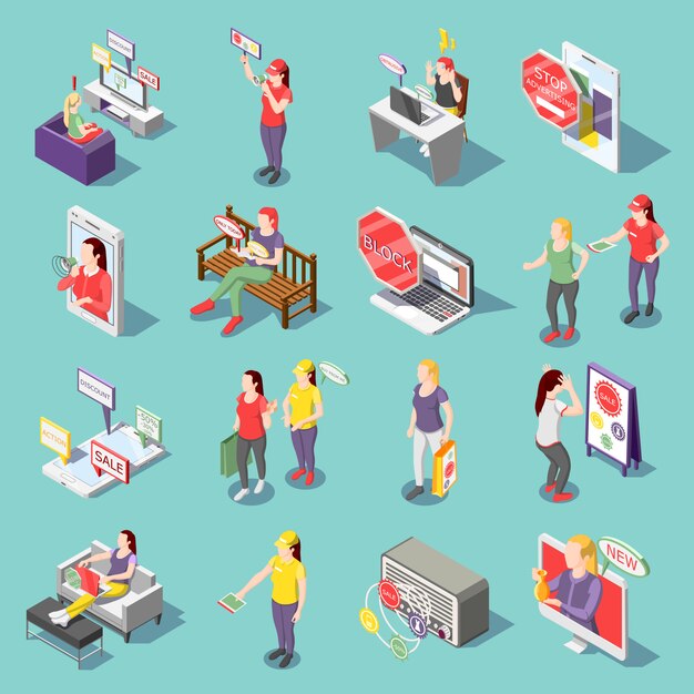 Iconos isométricos de publicidad molestos