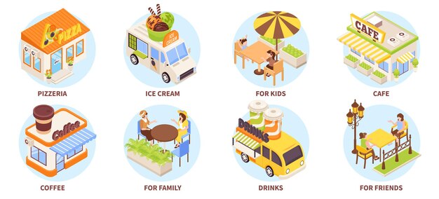 Los iconos isométricos del quiosco de café y comida callejera establecen ilustraciones vectoriales aisladas