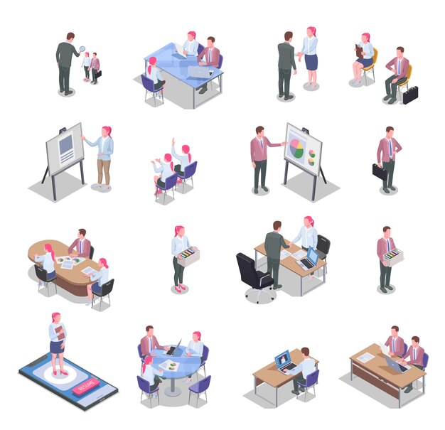 Iconos isométricos de reclutamiento establecidos con candidatos de trabajo que se comunican con reclutadores aislados en ilustración de vector 3d de fondo blanco