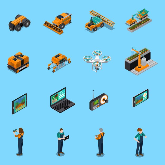 Iconos isométricos de robots agrícolas