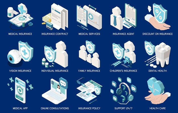 Iconos isométricos de seguro médico de salud establecidos con símbolos de aplicaciones de atención médica ilustración vectorial aislada