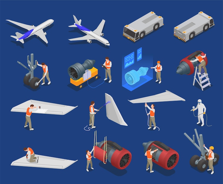 Vector gratuito iconos isométricos de servicio de aeronaves con mantenimiento de piezas de aviones y reparación de ilustraciones vectoriales aisladas