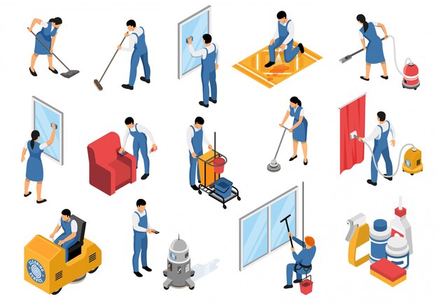 Iconos isométricos de servicio de limpieza establecidos con alfombras de muebles de aspiración industrial profesional refrescante mancha quitando ilustración de vector aislado