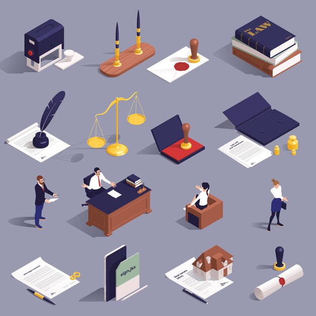Iconos isométricos de servicios notariales establecidos con sellos documentos de tinta contratos caracteres de notarios aislados en ilustración de vector de fondo gris