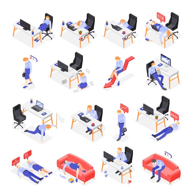 Iconos isométricos del síndrome de Burn-out establecidos con símbolos de trabajo ilustración vectorial aislada