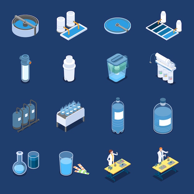 Iconos isométricos de sistemas de limpieza de agua con equipo de purificación industrial y filtros de inicio ilustración de vector aislado azul