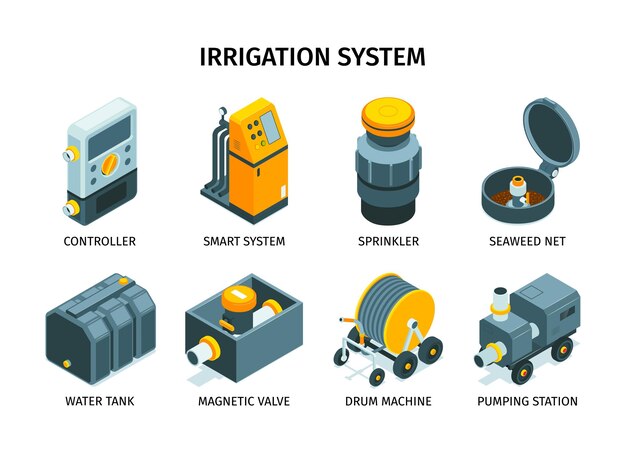 Iconos isométricos de los sistemas de riego con subtítulos que incluyen la ilustración vectorial aislada del rociador de la estación de bombeo de la máquina de tambor del controlador