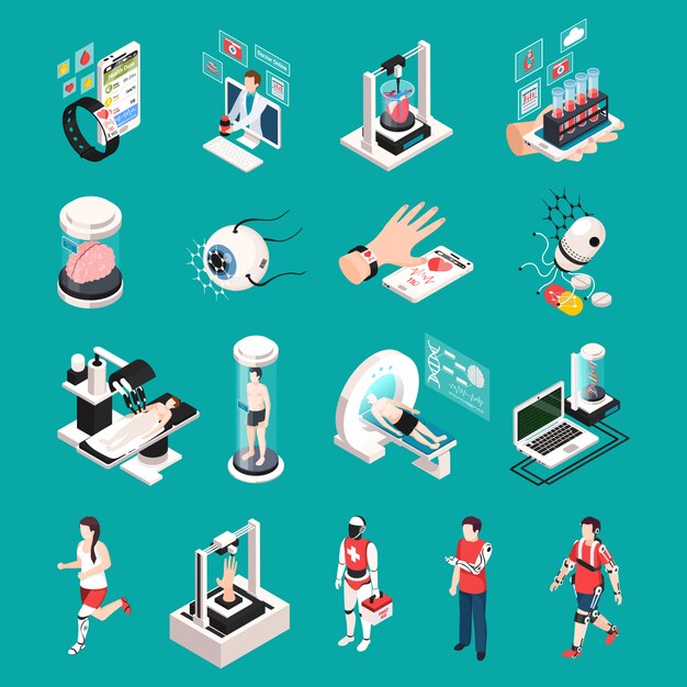 Iconos isométricos de la tecnología médica moderna con órganos electrónicos trasplante de impresión en 3D dispositivos electrónicos nanorobots