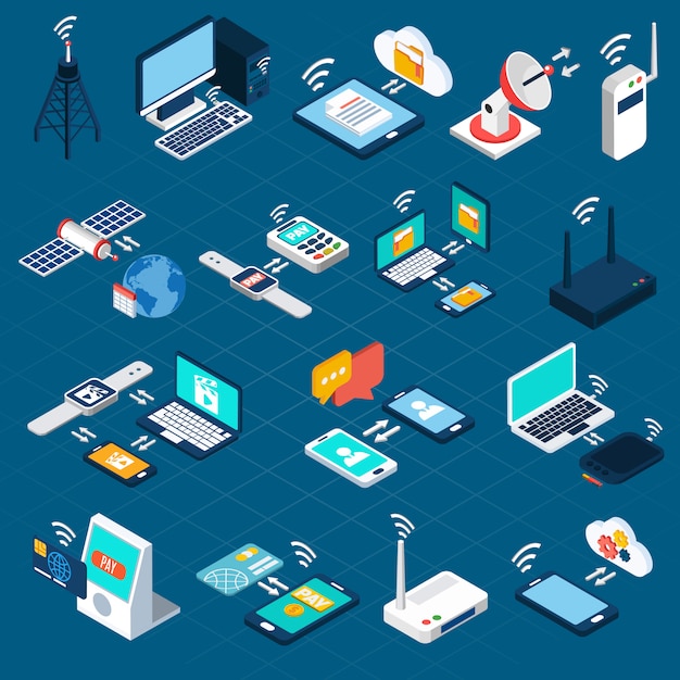 Iconos isométricos de tecnologías inalámbricas.