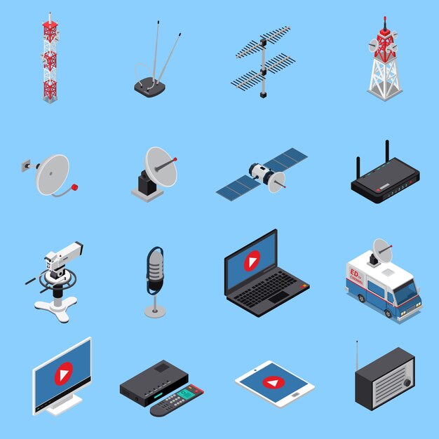 Iconos isométricos de telecomunicaciones con equipos de transmisión y dispositivos electrónicos