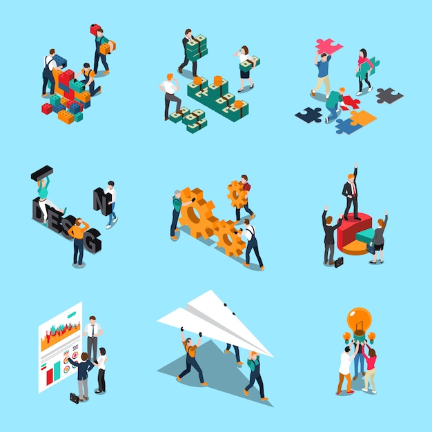Iconos isométricos de trabajo en equipo con ideas de colaboración y símbolos de creatividad aislados ilustración