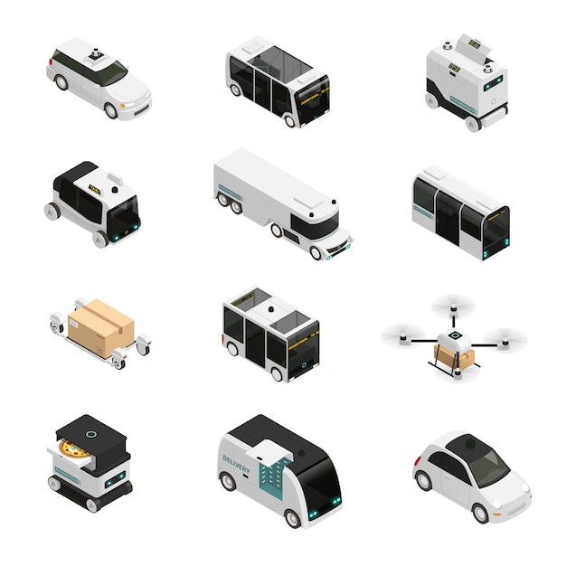 Iconos isométricos de vehículos autónomos