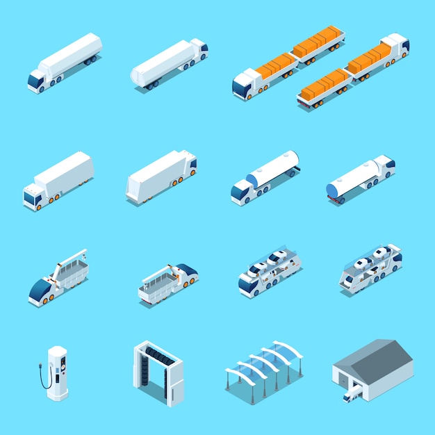 Iconos isométricos de vehículos eléctricos futuristas