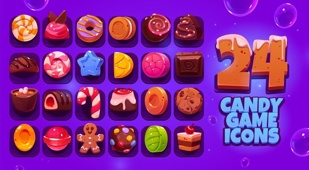 Iconos de juego de caramelos gran conjunto de dibujos animados vector dulces elementos de interfaz de usuario Pastel de caramelo hombre de pan de jengibre piruleta de pastelería y toffee bastón de caramelo chocolate y galleta crujiente praliné con topping o relleno