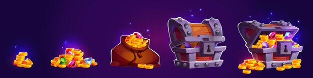 Iconos del juego cofre del tesoro pirata con monedas de oro